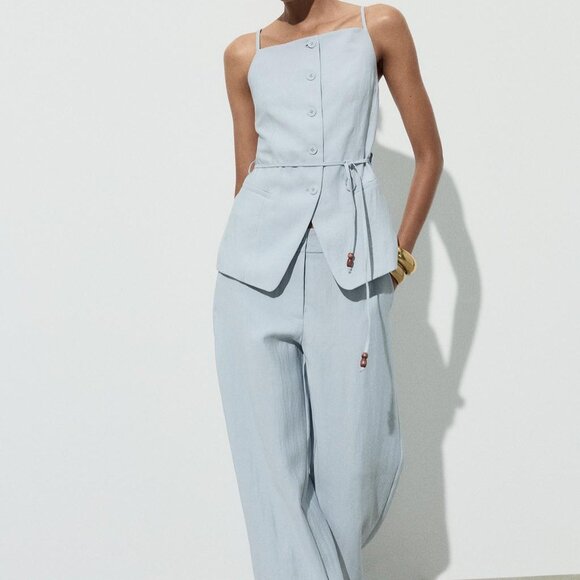 Zara Pants - Zara Light Blue Beaded Belt Vest & High-Waisted Straight Leg Pants Co-Ord Set XS